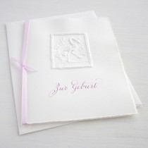 Karte „Zur Geburt“ mit Storch rosa